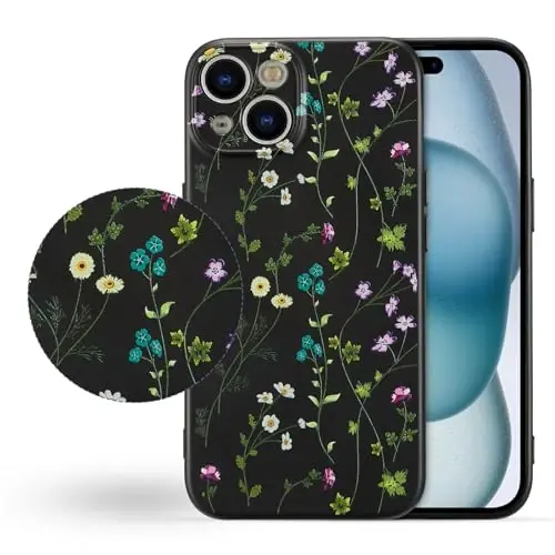 RALEAVO Floral Case for iPhone 15,Liquid Silicone Cover with Cute Flower Branch Pattern for Girls Women Slim Soft Rubber Protective Phone Case for iPhone 15 (6.1