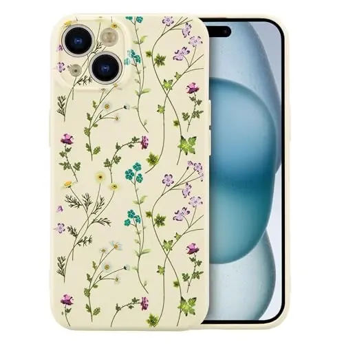 RALEAVO Floral Case for iPhone 15,Liquid Silicone Cover with Cute Flower Branch Pattern for Girls Women Slim Soft Rubber Protective Phone Case for iPhone 15 (6.1