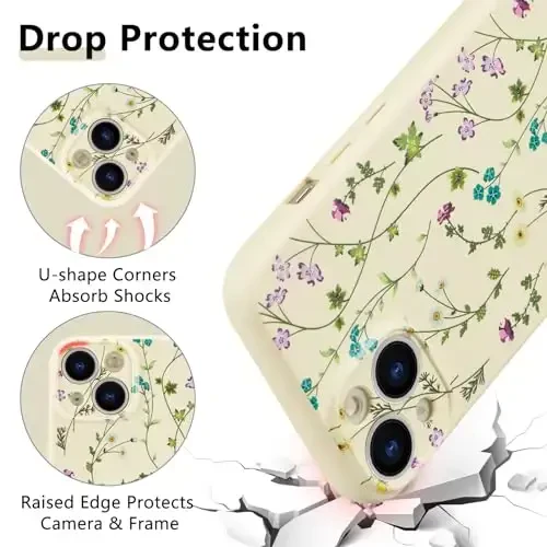 RALEAVO Floral Case for iPhone 15,Liquid Silicone Cover with Cute Flower Branch Pattern for Girls Women Slim Soft Rubber Protective Phone Case for iPhone 15 (6.1