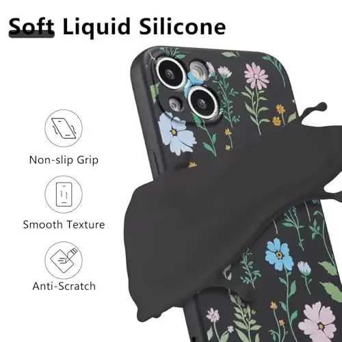 RALEAVO Floral Case for iPhone 15,Liquid Silicone Cover with Flower Cosmos Pattern Cute Phone Cover for Girls Women Slim Soft Rubber Protective Phone Case for iPhone 15 (6.1