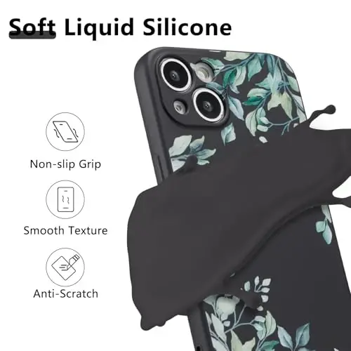 RALEAVO Case for iPhone 15,Liquid Silicone Cover with Cute Leaves Pattern Floral Phone Cover for Girls Women Slim Soft Rubber Protective Phone Case for iPhone 15 (6.1