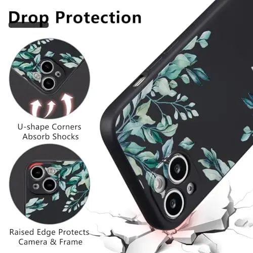 RALEAVO Case for iPhone 15,Liquid Silicone Cover with Cute Leaves Pattern Floral Phone Cover for Girls Women Slim Soft Rubber Protective Phone Case for iPhone 15 (6.1