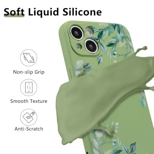 RALEAVO Case for iPhone 15,Liquid Silicone Cover with Cute Leaves Pattern Floral Phone Cover for Girls Women Slim Soft Rubber Protective Phone Case for iPhone 15 (6.1
