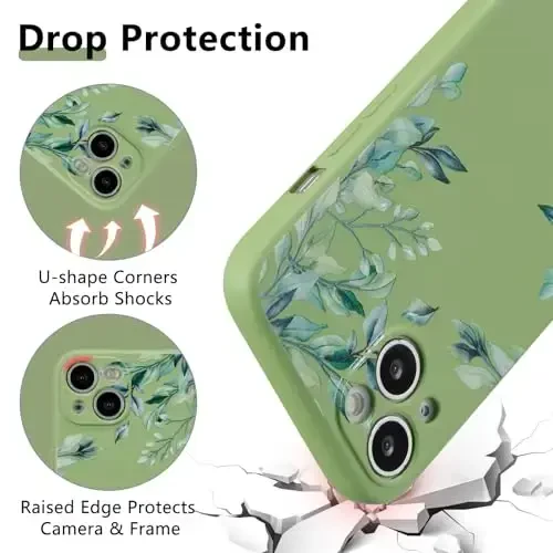 RALEAVO Case for iPhone 15,Liquid Silicone Cover with Cute Leaves Pattern Floral Phone Cover for Girls Women Slim Soft Rubber Protective Phone Case for iPhone 15 (6.1