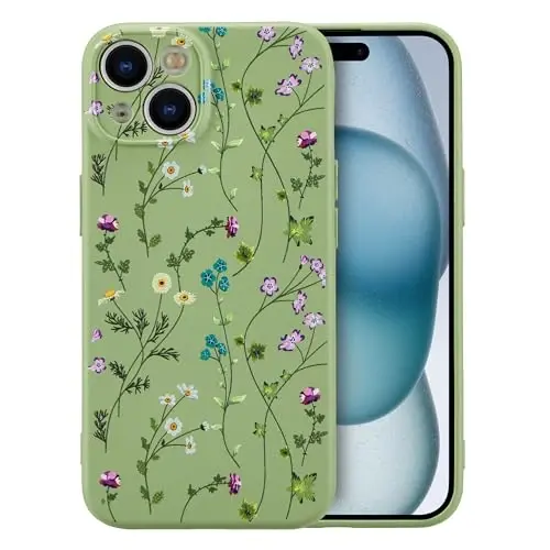 RALEAVO Floral Case for iPhone 15 Plus,Liquid Silicone Cover with Cute Flower Branch Pattern for Girls Women Slim Soft Rubber Protective Phone Case for iPhone 15 Plus (6.7