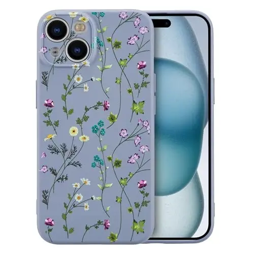 RALEAVO Floral Case for iPhone 15 Plus,Liquid Silicone Cover with Cute Flower Branch Pattern for Girls Women Slim Soft Rubber Protective Phone Case for iPhone 15 Plus (6.7