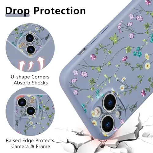 RALEAVO Floral Case for iPhone 15 Plus,Liquid Silicone Cover with Cute Flower Branch Pattern for Girls Women Slim Soft Rubber Protective Phone Case for iPhone 15 Plus (6.7