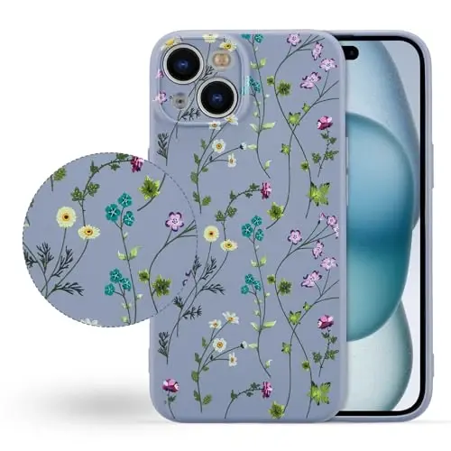 RALEAVO Floral Case for iPhone 15 Plus,Liquid Silicone Cover with Cute Flower Branch Pattern for Girls Women Slim Soft Rubber Protective Phone Case for iPhone 15 Plus (6.7
