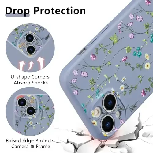 RALEAVO Floral Case for iPhone 15 Plus,Liquid Silicone Cover with Cute Flower Branch Pattern for Girls Women Slim Soft Rubber Protective Phone Case for iPhone 15 Plus (6.7