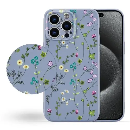 RALEAVO Floral Case for iPhone 15 Pro,Liquid Silicone Cover with Cute Flower Branch Pattern for Girls Women Slim Soft Rubber Protective Phone Case for iPhone 15 Pro (6.1