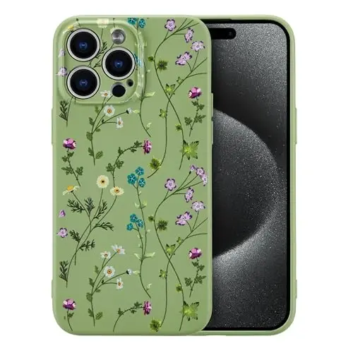 RALEAVO Floral Case for iPhone 15 Pro,Liquid Silicone Cover with Cute Flower Branch Pattern for Girls Women Slim Soft Rubber Protective Phone Case for iPhone 15 Pro (6.1