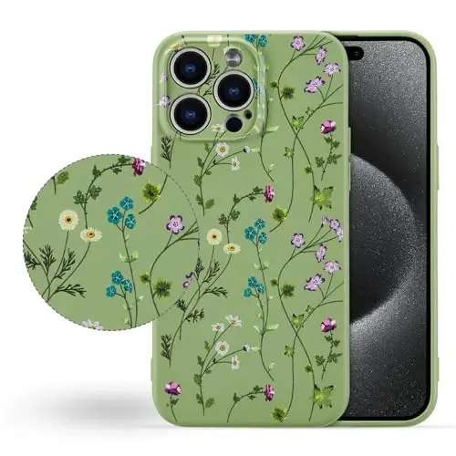 RALEAVO Floral Case for iPhone 15 Pro,Liquid Silicone Cover with Cute Flower Branch Pattern for Girls Women Slim Soft Rubber Protective Phone Case for iPhone 15 Pro (6.1