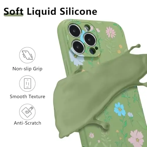 RALEAVO Floral Case for iPhone 15 Pro Max,Liquid Silicone Cover with Flower Cosmos Pattern Cute Phone Cover for Girls Women Slim Soft Rubber Protective Phone Case for iPhone 15 Pro Max (6.7