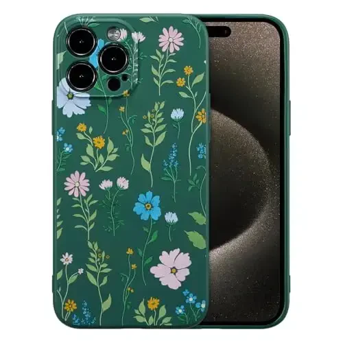 RALEAVO Floral Case for iPhone 15 Pro Max,Liquid Silicone Cover with Flower Cosmos Pattern Cute Phone Cover for Girls Women Slim Soft Rubber Protective Phone Case for iPhone 15 Pro Max 6.7