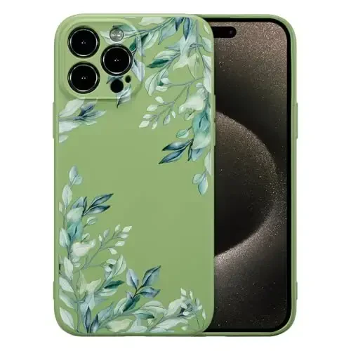 RALEAVO Case for iPhone 15 Pro Max,Liquid Silicone Cover with Cute Leaves Pattern Floral Phone Cover for Girls Women Slim Soft Rubber Protective Phone Case for iPhone 15 Pro Max (6.7
