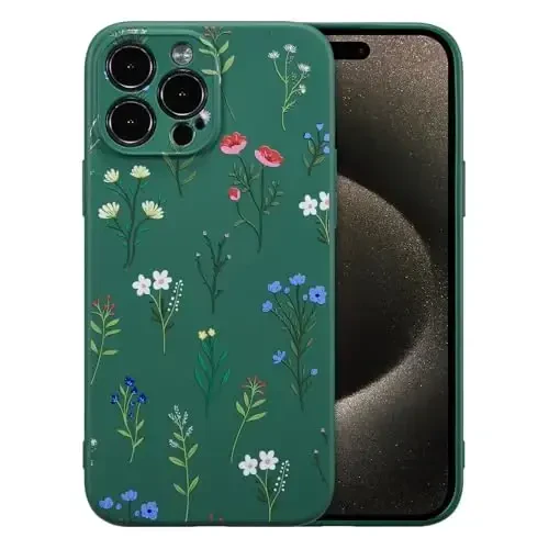 RALEAVO iPhone 15 Pro Max uchun gul naqshli silikon g‘ilof, qizlar va ayollar uchun gulli romashkali naqshli yoqimli telefon g‘ilofi, iPhone 15 Pro Max uchun yupqa yumshoq rezina himoya telefon g‘ilofi, to‘q yashil 