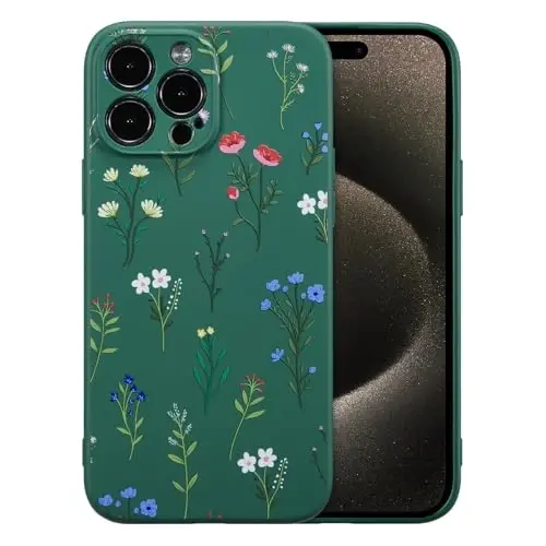 RALEAVO iPhone 15 Pro Max uchun gul naqshli silikon g‘ilof, qizlar va ayollar uchun gulli romashkali naqshli yoqimli telefon g‘ilofi, iPhone 15 Pro Max uchun yupqa yumshoq rezina himoya telefon g‘ilofi, to‘q yashil - 1