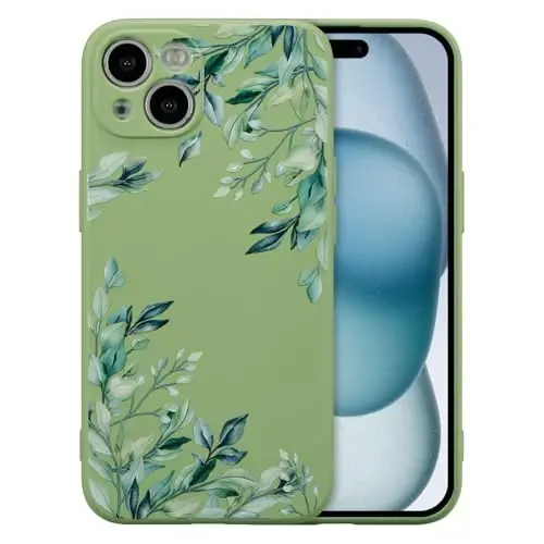 RALEAVO iPhone 15 uchun g'ilof, suyuq silikonli, chiroyli barg naqshli gul telefon qopqog'i qizlar ayollar uchun, ingichka yumshoq rezina himoya telefon qutisi iPhone 15 (6.1