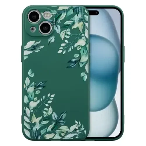 RALEAVO iPhone 15 uchun g'ilofi, suyuq silikon qopqoq, qizlar uchun chiroyli barg naqshli gul telefon qopqog'i, ayollar uchun ingichka yumshoq rezina himoya telefon qutisi iPhone 15 (6.1