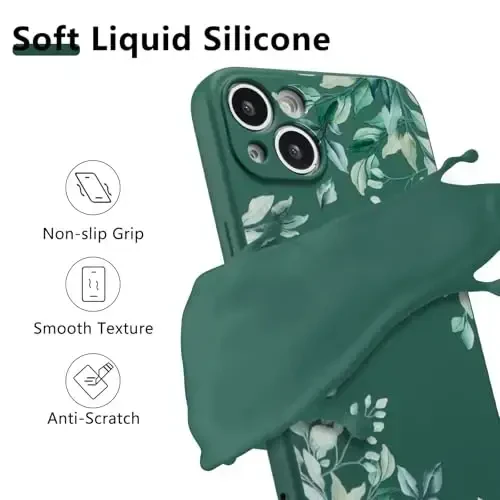 RALEAVO iPhone 15 uchun g'ilofi, suyuq silikon qopqoq, qizlar uchun chiroyli barg naqshli gul telefon qopqog'i, ayollar uchun ingichka yumshoq rezina himoya telefon qutisi iPhone 15 (6.1