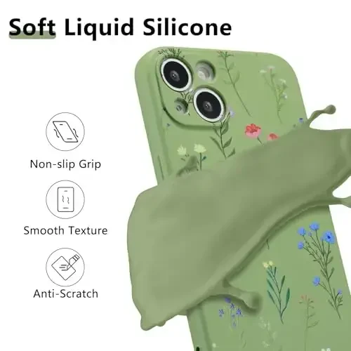 RALEAVO iPhone 15 uchun gul naqshli g'ilof, suyuq silikon qopqoq, qizlar va ayollar uchun gul ромашка naqshli yoqimli telefon qopqog'i, iPhone 15 (6.1