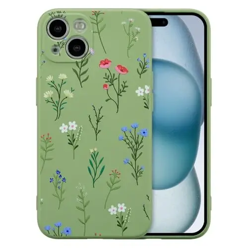 RALEAVO iPhone 15 uchun gul naqshli g'ilof, suyuq silikon qopqoq, qizlar va ayollar uchun gul ромашка naqshli yoqimli telefon qopqog'i, iPhone 15 (6.1