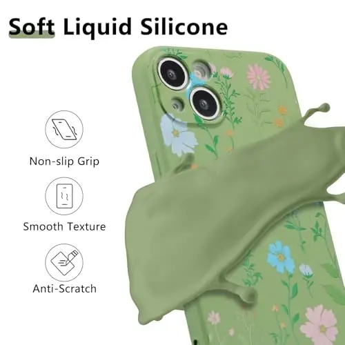 RALEAVO iPhone 15 uchun gul naqshli g‘ilof, suyuq silikonli, gul kosmos naqshli, qizlar va ayollar uchun yoqimli telefon g‘ilofi, iPhone 15 (6.1