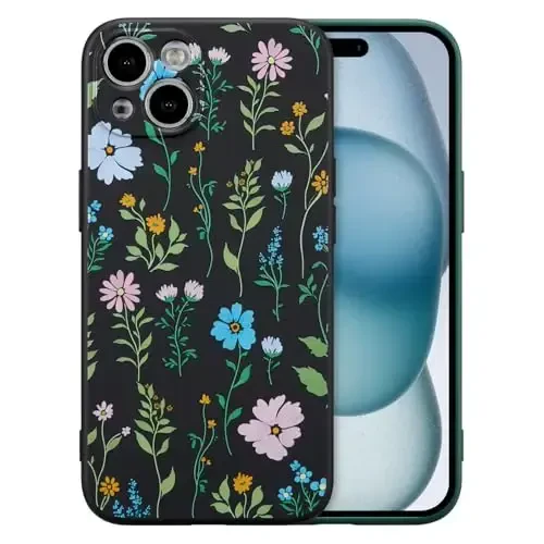 RALEAVO iPhone 15 uchun gul naqshli suyuq silikonli g'ilof, qizlar va ayollar uchun gulli kosmos naqshli yoqimli telefon g'ilofi, iPhone 15 uchun ingichka yumshoq rezina himoya telefon g'ilofi (6.1