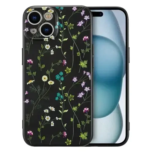 RALEAVO iPhone 15 uchun gulli g'ilof, qizlar va ayollar uchun yoqimli gul shoxli naqshli suyuq silikon qopqoq iPhone 15 (6,1