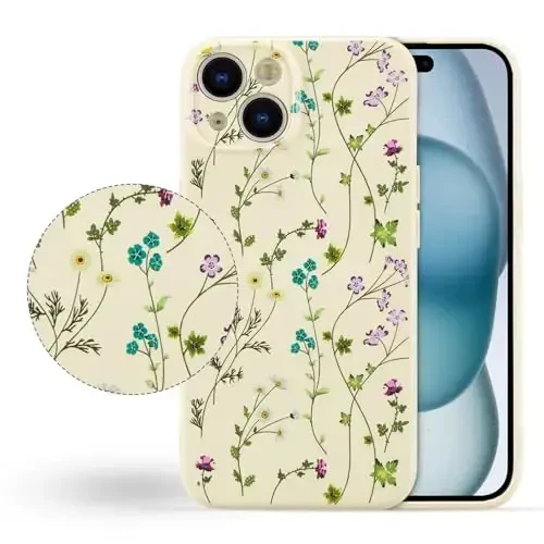 RALEAVO iPhone 15 uchun gulli g‘ilof, qizlar va ayollar uchun yoqimli gul shoxli naqshli suyuq silikon qopqoq, iPhone 15 uchun ingichka yumshoq rezina himoya telefon g‘ilofi (6,1