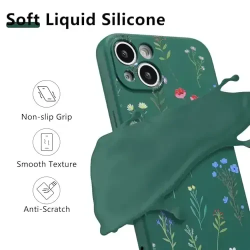 RALEAVO iPhone 15 uchun gulli gʻilof, suyuq silikon qopqoq, qizlar va ayollar uchun gul ромашка naqshli yoqimli telefon qopqogʻi, iPhone 15 (6.1