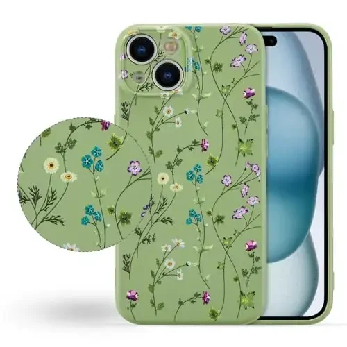 RALEAVO iPhone 15 учун гулли калъф, гул шохаси нақши билан суюқ силикон калъф, қизлар ва аёллар учун ёқимли калъф, iPhone 15 (6,1 дюйм) учун резинадан ясалган нозик ҳимояловчи телефон калъфи, яшил - 6