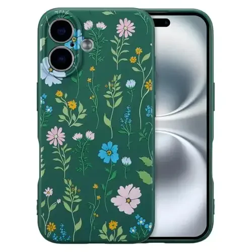 RALEAVO Floral Case for iPhone 16,Liquid Silicone Cover with Flower Cosmos Pattern Cute Phone Cover for Girls Women Slim Soft Rubber Protective Phone Case for iPhone 16 (6.1