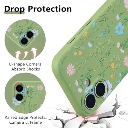 RALEAVO Floral Case for iPhone 16,Liquid Silicone Cover with Flower Cosmos Pattern Cute Phone Cover for Girls Women Slim Soft Rubber Protective Phone Case for iPhone 16 (6.1