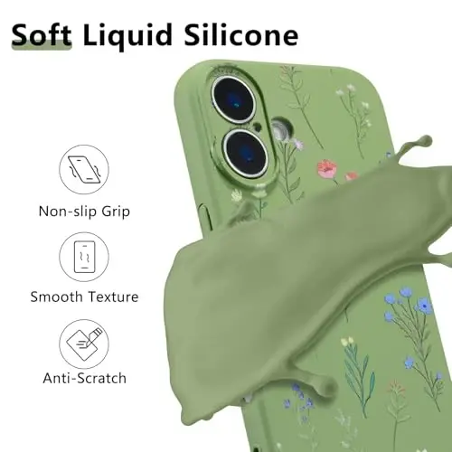 RALEAVO Floral Case for iPhone 16,Liquid Silicone Cover with Flower Daisies Pattern Cute Phone Cover for Girls Women Slim Soft Rubber Protective Phone Case for iPhone 16 (6.1