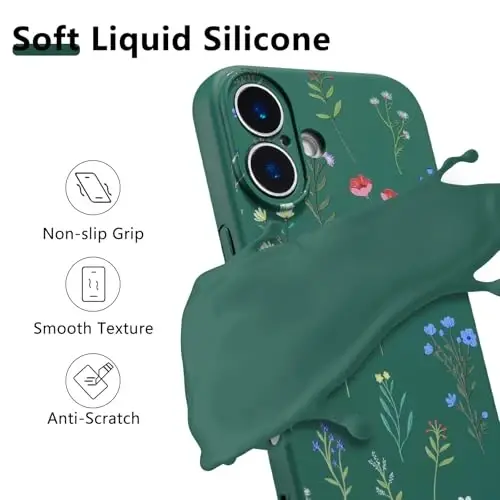 RALEAVO Floral Case for iPhone 16,Liquid Silicone Cover with Flower Daisies Pattern Cute Phone Cover for Girls Women Slim Soft Rubber Protective Phone Case for iPhone 16 (6.1