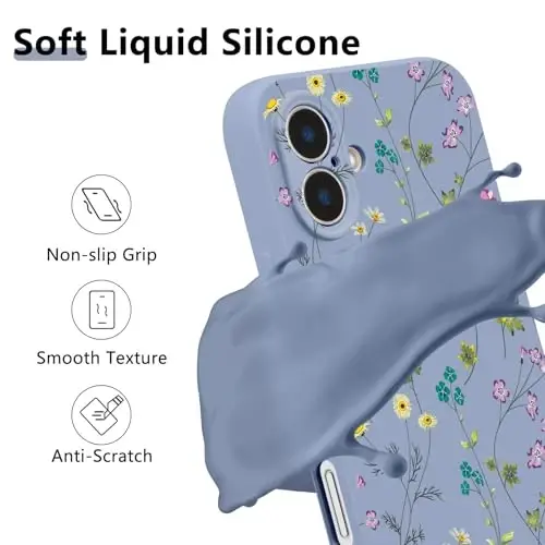RALEAVO Floral Case for iPhone 16,Liquid Silicone Cover with Cute Flower Branch Pattern for Girls Women Slim Soft Rubber Protective Phone Case for iPhone 16 (6.1
