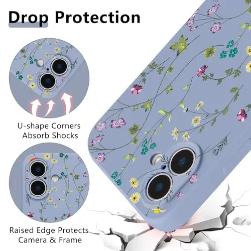 RALEAVO Floral Case for iPhone 16,Liquid Silicone Cover with Cute Flower Branch Pattern for Girls Women Slim Soft Rubber Protective Phone Case for iPhone 16 (6.1
