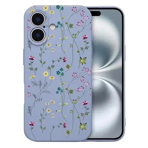 RALEAVO Floral Case for iPhone 16,Liquid Silicone Cover with Cute Flower Branch Pattern for Girls Women Slim Soft Rubber Protective Phone Case for iPhone 16 (6.1