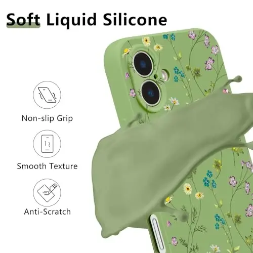 RALEAVO Floral Case for iPhone 16,Liquid Silicone Cover with Cute Flower Branch Pattern for Girls Women Slim Soft Rubber Protective Phone Case for iPhone 16 (6.1