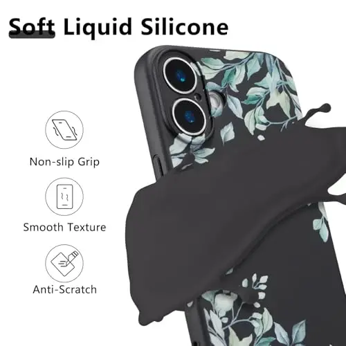 RALEAVO Case for iPhone 16,Liquid Silicone Cover with Cute Leaves Pattern Floral Phone Cover for Girls Women Slim Soft Rubber Protective Phone Case for iPhone 16 (6.1