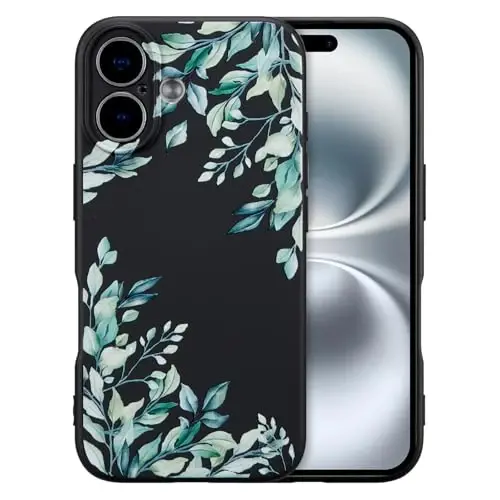 RALEAVO Case for iPhone 16,Liquid Silicone Cover with Cute Leaves Pattern Floral Phone Cover for Girls Women Slim Soft Rubber Protective Phone Case for iPhone 16 (6.1