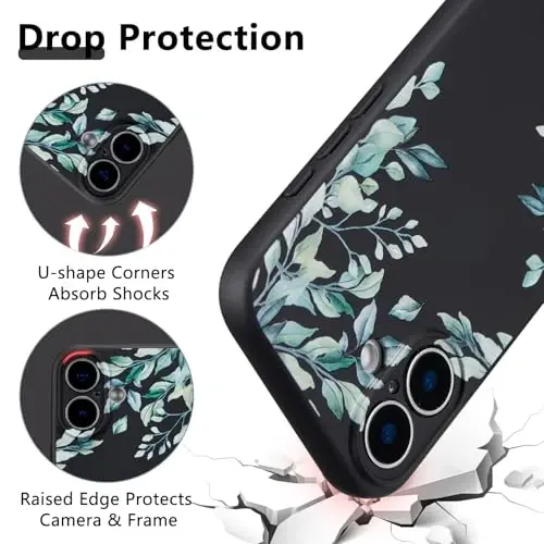 RALEAVO Case for iPhone 16,Liquid Silicone Cover with Cute Leaves Pattern Floral Phone Cover for Girls Women Slim Soft Rubber Protective Phone Case for iPhone 16 (6.1
