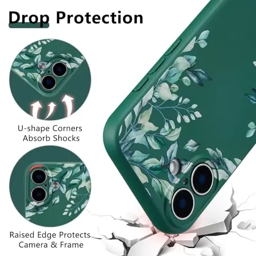 RALEAVO Case for iPhone 16,Liquid Silicone Cover with Cute Leaves Pattern Floral Phone Cover for Girls Women Slim Soft Rubber Protective Phone Case for iPhone 16 (6.1
