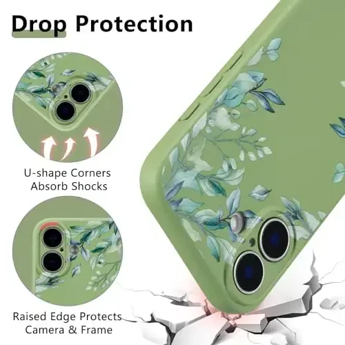 RALEAVO Case for iPhone 16,Liquid Silicone Cover with Cute Leaves Pattern Floral Phone Cover for Girls Women Slim Soft Rubber Protective Phone Case for iPhone 16 (6.1