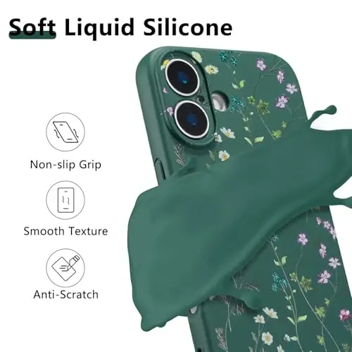 RALEAVO iPhone 16 Plus uchun gulli g‘ilof, qizlar ayollar uchun yoqimli gul shoxchali naqshli suyuq silikon qopqoq, iPhone 16 Plus uchun ingichka yumshoq rezina himoya telefon g‘ilofi (6,7