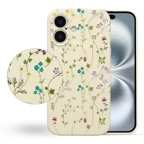 RALEAVO iPhone 16 Plus uchun gulli g‘ilof, qizlar uchun suyuq silikonli chiroyli gul shoxli naqshli yupqa yumshoq rezina himoya telefon g‘ilofi iPhone 16 Plus (6,7