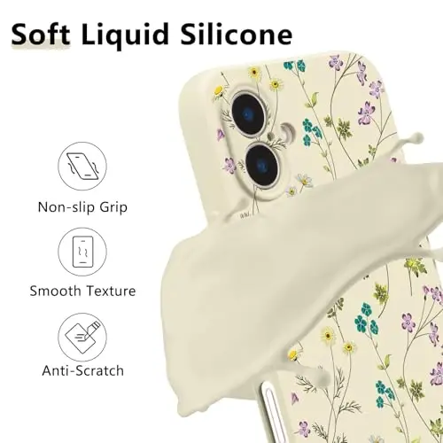RALEAVO iPhone 16 Plus uchun gulli g‘ilof, qizlar uchun suyuq silikonli chiroyli gul shoxli naqshli yupqa yumshoq rezina himoya telefon g‘ilofi iPhone 16 Plus (6,7