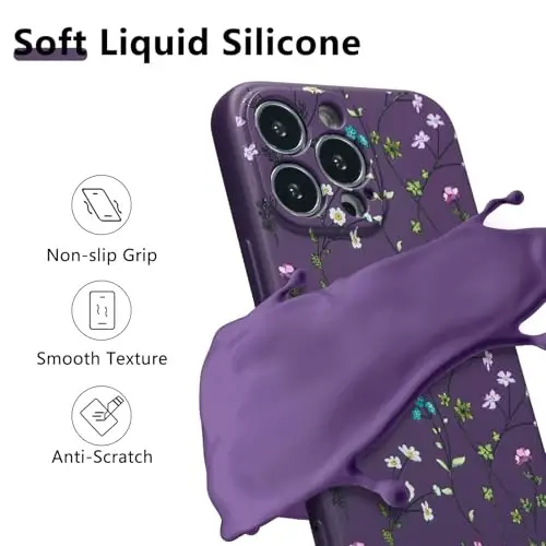 RALEAVO Floral Case for iPhone 16 Pro,Liquid Silicone Cover with Flower Branch Pattern Cute Phone Cover for Girls Women Slim Soft Rubber Protective Phone Case for iPhone 16 Pro (6.3