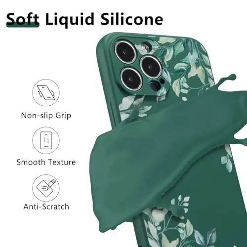 RALEAVO Case for iPhone 16 Pro,Liquid Silicone Cover with Cute Leaves Pattern Floral Phone Cover for Girls Women Slim Soft Rubber Protective Phone Case for iPhone 16 Pro (6.3